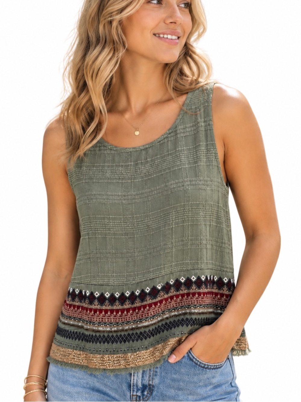 Ecote Boho Embellished Cotton Tank - Green & Gold Festival Top S